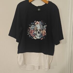 Bobeau Black Top with Floral Graphic